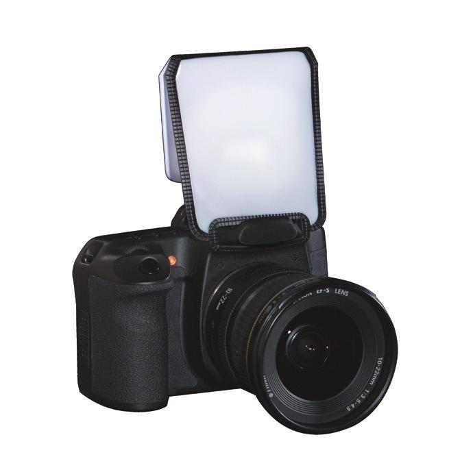 4 FD-100 UNIVERSAL POP-UP DIFFUSER Softens the light output from the pop-up flash on SLR cameras Softens harsh shadows, reduces hot spots and produces soft, even illumination Compatible with all