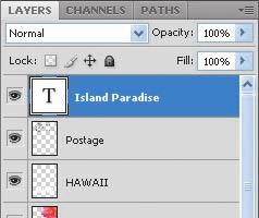 5 Click just below the H in the word HAWAII, and type Island Paradise. Then, click the Commit Any Current Edits button ( ) in the options bar.