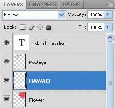 2 Right-click or Control-click the thumbnail in the HAWAII layer, and choose Select Pixels. Everything on the HAWAII layer (the white lettering) is selected.