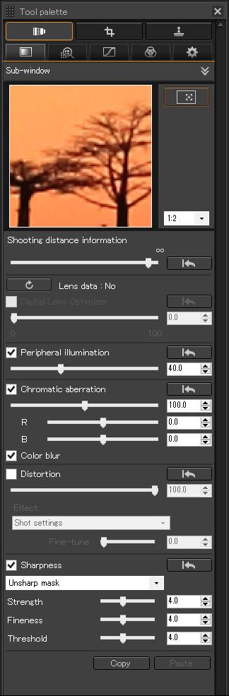 with the Lens Correction Tool Palette With the Lens Correction tool palette, you can use the lens aberration correction functions and the Digital Lens Optimizer to correct lens aberration in your