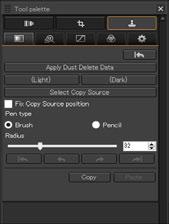 Dust Delete/Copy Stamp Tool Palette Performing Automatic Dust Erasure The Dust Delete Data that is appended to images can be used to automatically erase dust spots.