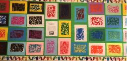 abstract art. Students used a piece of cardboard and some oaktag to create an abstract collagraph plate.