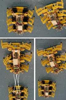The robot keeps turning as well as moving backward until the receivers detect a direction that is free of obstacles and then the robots starts to walk in this direction (bottom part fig. of fig. 11).