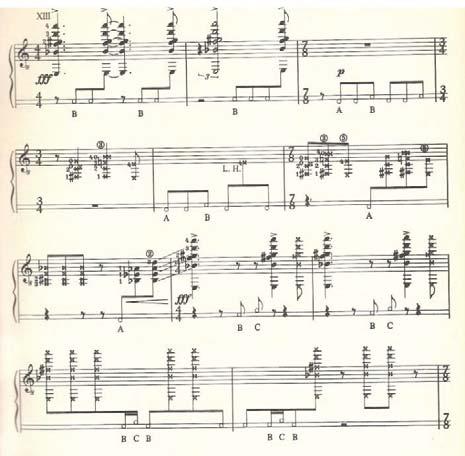 Figure 9.28 Chord, tambora and percussion texture (ROYAL WINTER MUSIC SONATA, HENZE) Henze scores a texture of strummed/plucked chords, tambora and percussion (Figure 9.28).
