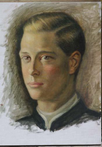 Using that illustration and two black & white photographs of Prince Edward VIII, the artist was able to depict the prince in ceremonial robes as the client wished and with a face more age