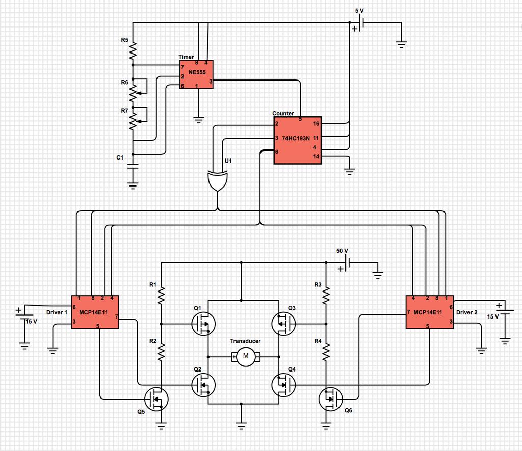 Figure 5: Full Circuit Diagram The image above shows a complete circuit diagram we used. The resistors, R1, R2, R3, and R4, depend on the amount of voltage we power our transducer.