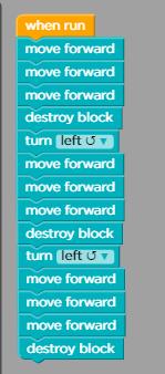 You need to add two more move forwards and destroy the second tree. Then turn left, move three spaces forward and then destroy the final third tree.