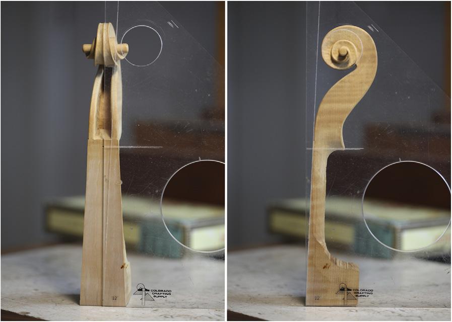 Then, I use this nifty plexiglass jig and I just score a line showing the angle back that I want (figure 6, right). The scroll fits through the hole in the plexiglass.