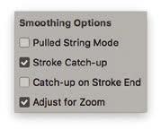 Brush stroke smoothing The Smooth slider control in the Options bar for the Brush, Eraser, Mixer Brush and Pencil tools can be used to vary the amount of brush smoothing.