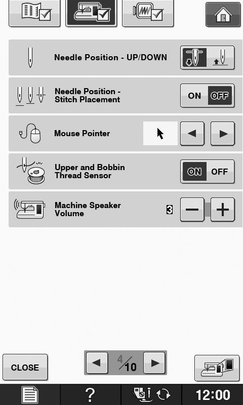 LCD SCREEN Generl settings f B 1 c d e g h Getting Redy Select the needle stop position (the needle position when the mchine is not operting) to e up or down.