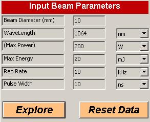 Input Beam Parameters, Explore and Reset Data keys In this frame you ll need to enter your beam data with the appropriate measurement units.