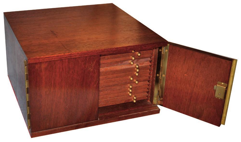 Other properties 4055 Three modern Mahogany Coin Cabinets, by Nicholls, 300mm wide x 300mm deep x 170mm high, solid doors, each containing 14 single pierced trays, various sizes, brass pulls, brass
