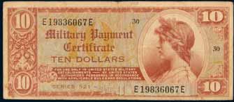 (38) $800 4136 U.S.A., Military Payment Certificates, series 651 (P.M62), five dollars; series 681, five dollars (P.M80). Good fine; nearly uncirculated, the first with glue spot on back.