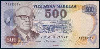 PART 4042* Finland, Finland's Bank, five hundred markkaa, 1975, A7535184 (P.110b). Uncirculated.