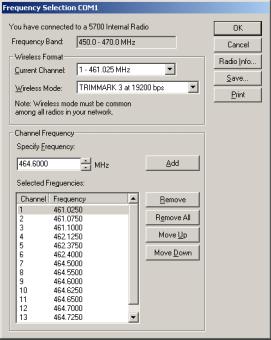 7 Software Utilities 5700 GPS Receiver Operation The Frequency Selection dialog appears: 6. In the Wireless Format group, select the appropriate channel and wireless mode.