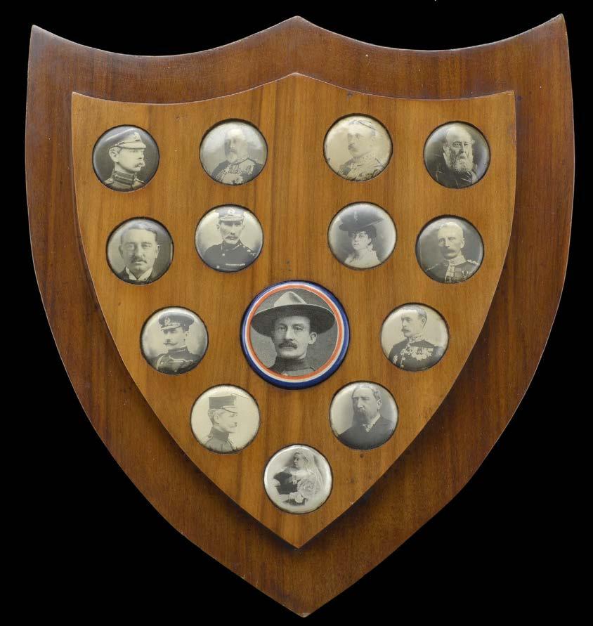 MEDALS OF SOUTHERN AFRICA 2243 Boer War, Robert Baden Powell, a wooden shield containing 13 topical photographic portrait buttons, centred around a