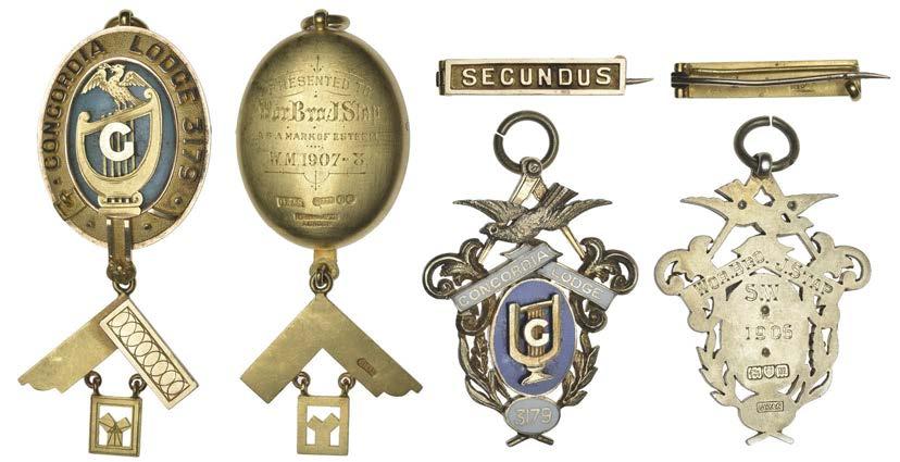 19g, lacks ribbon; together with his Lodge Founders Jewel, 1906, silver-gilt and enamel, 45 x 34mm [2].