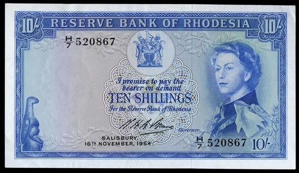PAPER MONEY OF SOUTHERN AFRICA Rhodesia 2268 Reserve Bank, Ten Shillings, 16 November 1964, H/7 520867, signature of N.H.B. Bruce (Pick 24a).