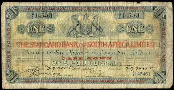 PAPER MONEY OF SOUTHERN AFRICA 2280 The Standard Bank of South Africa Ltd, One Pound, 29 March 1916, A/1 145461,