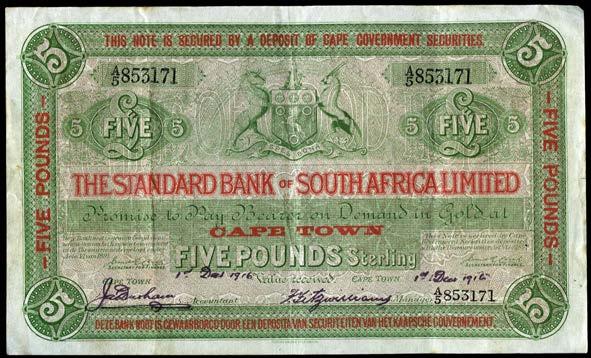 Splits in body and three paper repairs on back, otherwise good to very good, scarce 200-250 2281 The Standard Bank of
