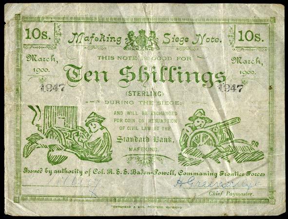 PAPER MONEY OF SOUTHERN AFRICA 2292 Siege of Mafeking, One Shilling, February 1900, B 7574, Two Shillings, January 1900, A 5517, signatures of H. Greener (Hern 232, 234; Pick S651, 652) [2].