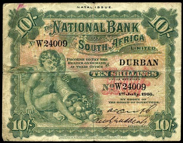 About extremely fine 40-60 2299 The National Bank of South Africa Ltd, Ten Shillings, 1 July 1916, W 24009, Durban, Natal issue (Hern 286; Pick S391).