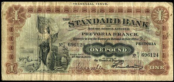PAPER MONEY OF SOUTHERN AFRICA 2306 The Standard Bank of South Africa Ltd, One Pound, 1 March 1920, T/1 696124, Pretoria, Transvaal issue (Hern 405; Pick S586a).