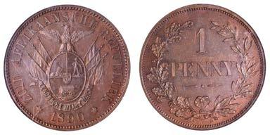 Less than 10 specimens known Transvaal South Africa 2002 Pattern Penny, 1890, by W. Lauer for O. Nolte, in bronze, arms, rev. value in wreath, edge plain, 6h (Hern T27; KM. Pn22).