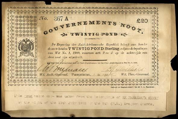 PAPER MONEY OF SOUTHERN AFRICA 2312 ZAR Gouvernements Noot, Twenty Pounds, 1 April 1901, no. 367A, Pietersburg, Brugman-De Villiers signatures (Hern 496; Pick 63).