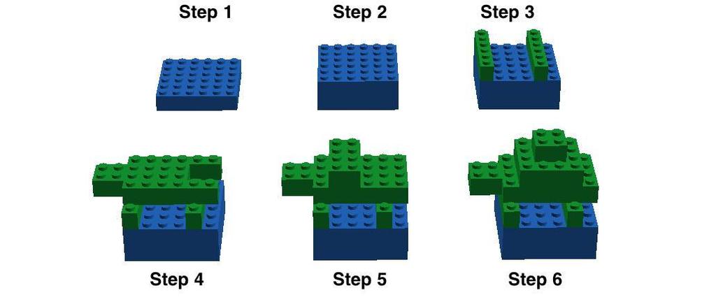 1x6 LEGO bricks, 2 green 2x4 LEGO bricks, and 2 green 2x2