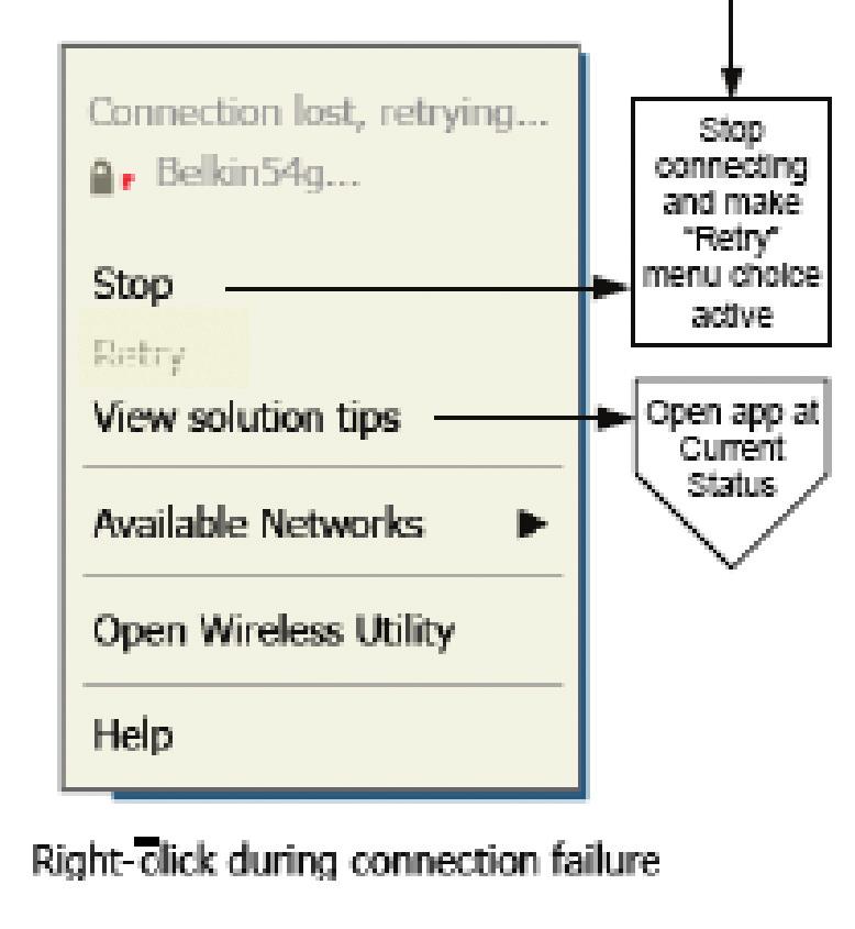 Použitie nástroja Belkin Wireless Networking Utility Zlyhanie spojenia Počas pokusov o pripojenie sa zobrazia ostatné možnosti.