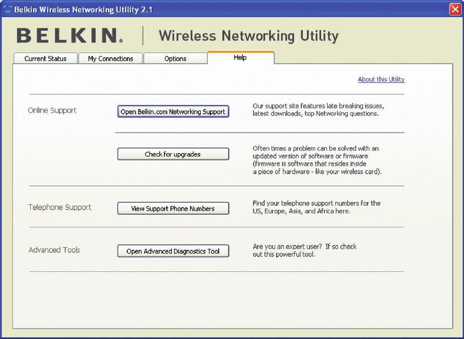 Možnosti nástroja Wireless Networking Utility Karta Options (Možnosti) užívateľovi umožňuje upravovať nastavenia