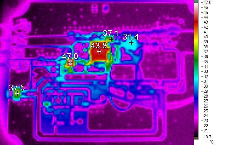 4 Thermal analysis To get a picture of where most of the losses in the Buck converter occur, a thermal image showing the temperature of the components in the converter, has been taken at full