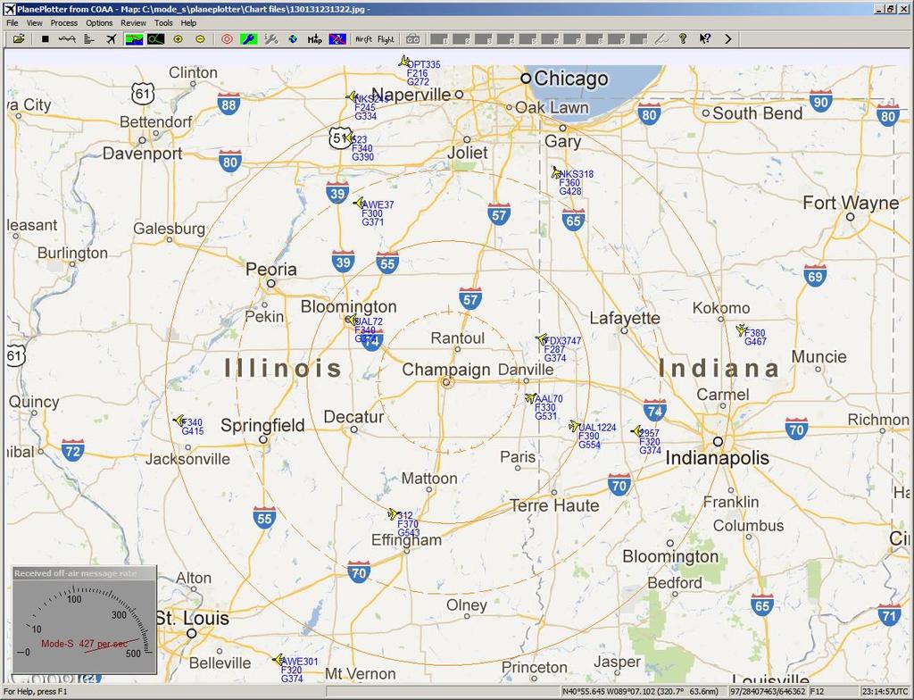 Figure 40 PlanePlotter screenshot in Urbana Figure 40 is a typical observation screenshot of PlanePlotter, the orange cross in the center (Champaign County) represents the location of receiver s