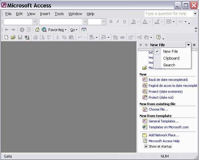 9.5 Microsoft Access După lansare, Access se deschide cu o pagină goală (Figura 9.5-1). Acelaşi lucru se întâmplă şi dacă în timpul unei sesiuni de lucru Access se alege secvenţa Fişier/Nou.