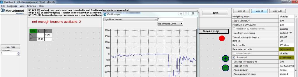 2. Use Dashboard => View => Oscilloscope to monitor ultrasonic signal from one beacon to another.