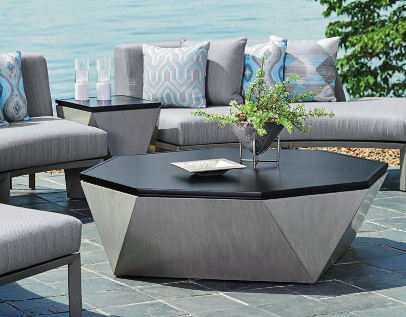 The faceted sides are clad in aluminum with a platinum gray finish, and the top features a contemporary satin black high-density laminate surface for a sleek look that is