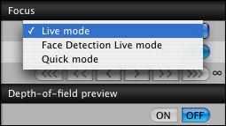 Focusing Using Live Mode D X D C D Mk IV 5D Mk III 5D Mk II 6D 7D Mk II 7D 70D 60D 50D 700D 00D 650D 600D 550D 500D 00D 00D Select [Live mode] or [FlexiZone Single] from the list box.