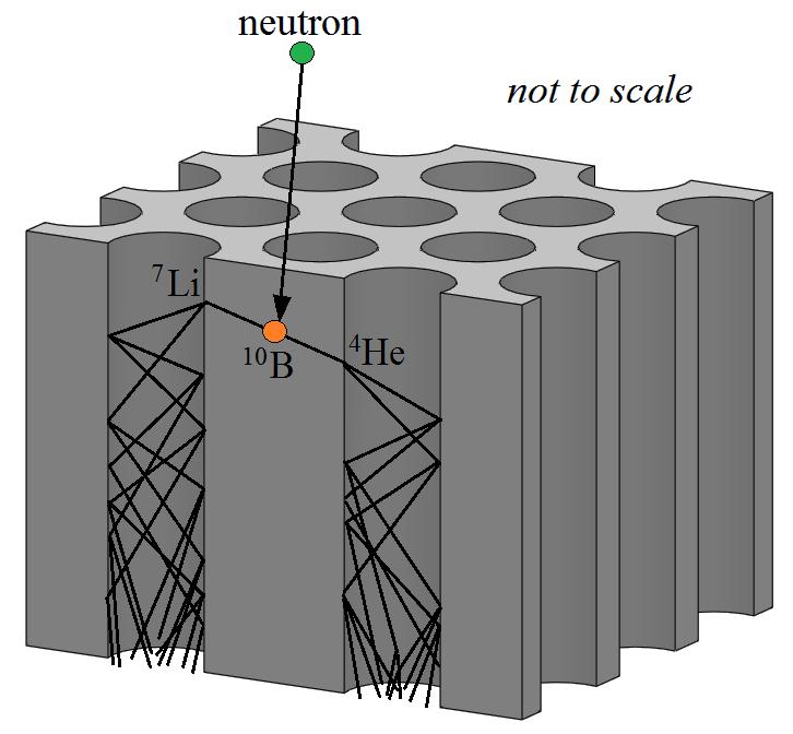 Figure 3.2. Schematic showing the interaction of a neutron with an MCP. Multiple MCPs can be stacked to increase neutron capture efficiency and amplification of the signal to the anode.