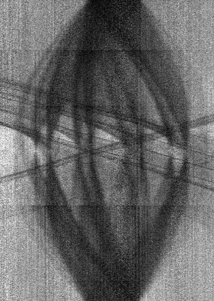 b) Side-view of the AFIP-7 mock-up. Figure 3.19. Orthogonal radiographs of AFIP-7 mock-up element. Figure 3.20 shows two sinograms created from radiographs acquired at multiple angles over 180.