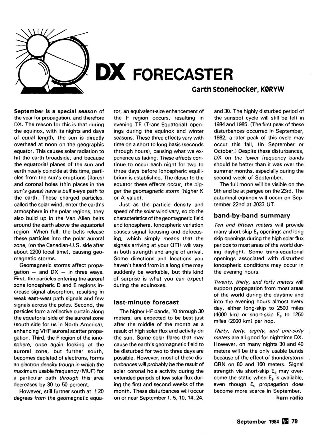 FOR ECASTER Garth Stonehocker, September is a special season of the year for propagation, and therefore DX.