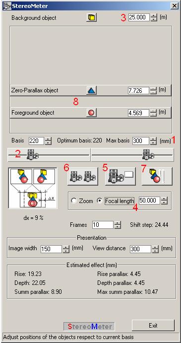 As a result, StereoMeter will calculate the optimum distances to the foreground objects and to the zero parallax objects. Corresponding control elements (in Ошибка! Источник ссылки не найден.