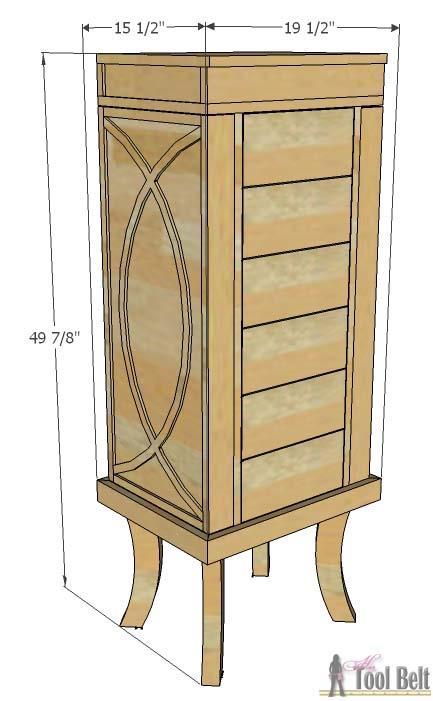 1 Jewelry Cabinet Materials: 1-4' x 8' sheet - 3/4" plywood 5/8" brad nails 5-1" x 3" x 8' boards (or if not 2 1/2" wide wood glue get 1x4's) sand paper 1-1" x 6" x 8' board wood filler 1/2 sheet -