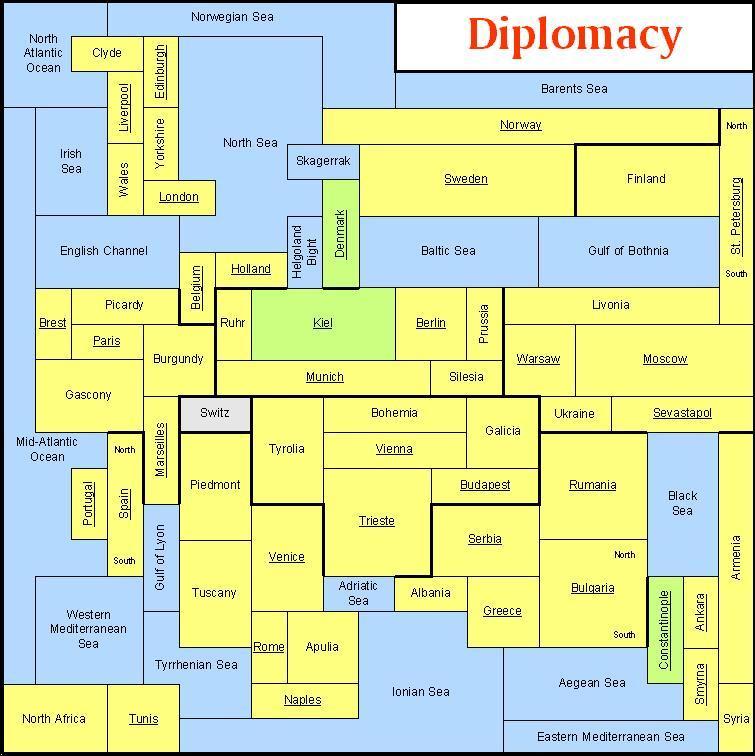 There are many variants of Diplomacy, using different maps and/or some additional rules. The no press" Diplomacy prohibits communications between players (Diplomacy without diplomacy).
