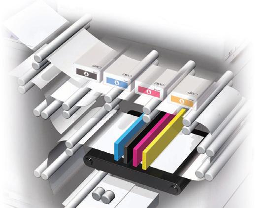 RISO technology drives high-speed, large-volume printers to new heights In-line inkjet print heads Four wide in-line inkjet heads arranged in parallel allow very speedy full-color printing of