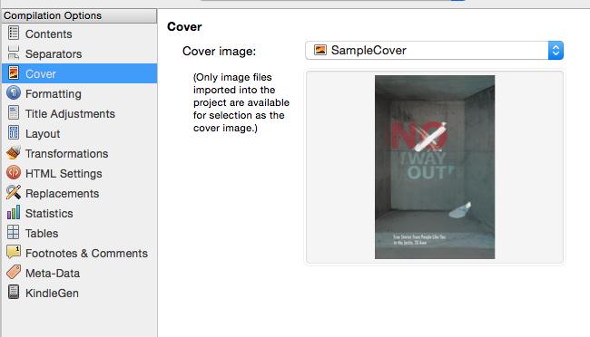 Maxwell Allen / SCRIVENER WORKSHOP / 12 5. Click 'Cover' Click 'no cover image', and select the cover you dragged in earlier from the drop-down menu. The image should show up in the box. 6.