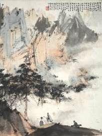 Fu Baoshi Visiting Friends with Guqin Mounted, ink and colour on paper 54 x 58.5 cm (21 1/4 x 23 in.