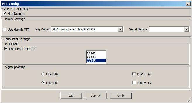 FreeDV PTT Setup 1. Click on Tools, then PTT Config from the main FreeDV menu. 2. Ensure Use Serial Port PTT is selected. 3. Select the RIGblaster Advantage COM port in the selection box. 4.