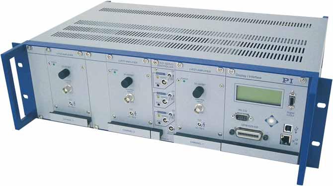 E-500 and E-501 Racks Modular Piezo Nanopositioning Controller for High Power Amps Analog Servo, Digital & Analog Interfaces Configuration example: E-500 Chassis with optional modules: E-505, 200 W