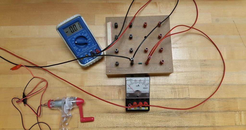 11) We will now create a different version of the same circuit. Follow these steps: a) Unclip the hand-crank generator from the bulb and the ammeter. Screw down the post on the ammeter.